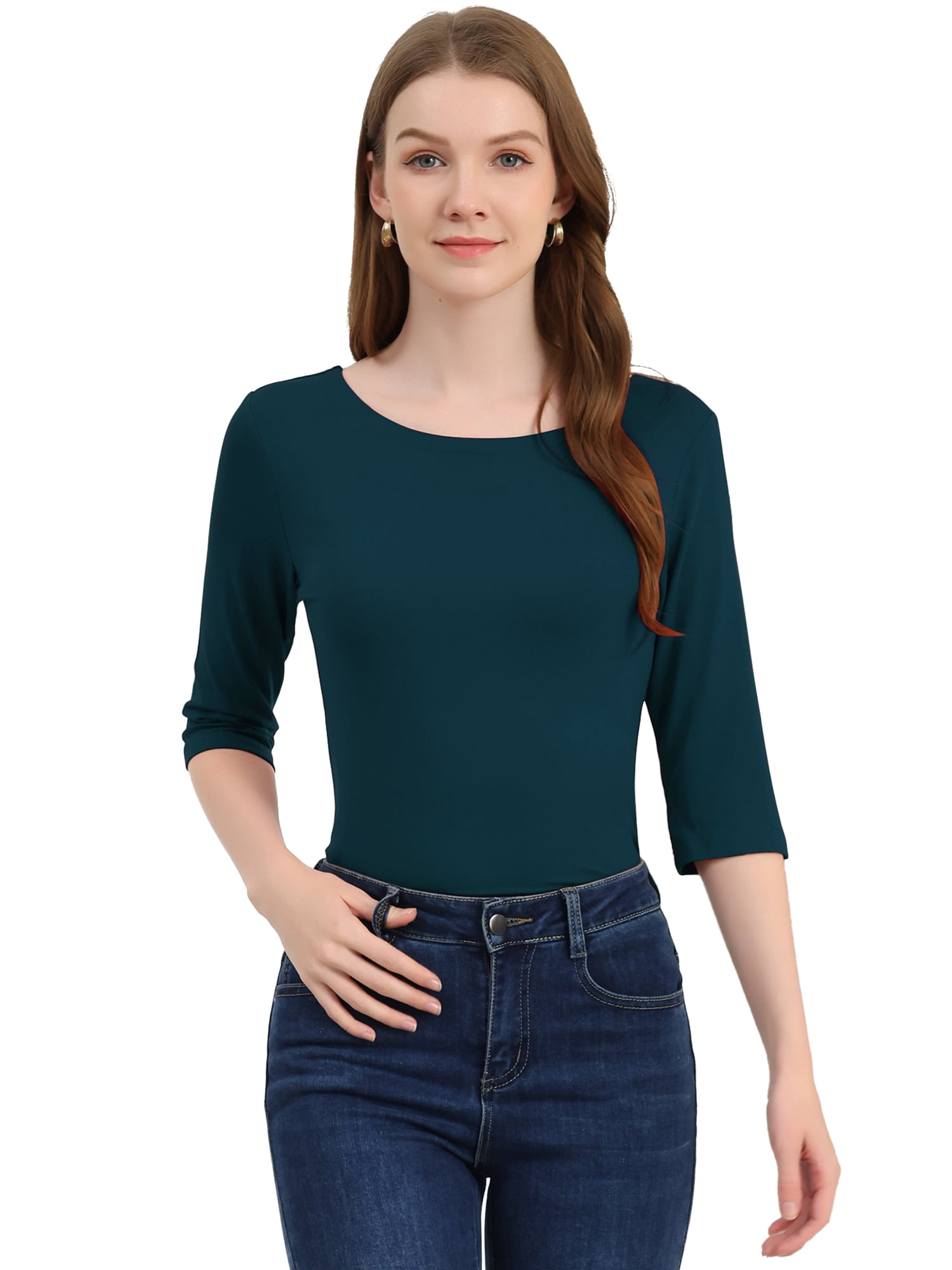 DARING DIVA Women's Elbow Sleeves Boat Neck Slim Fit Classic Tee S Dark Green