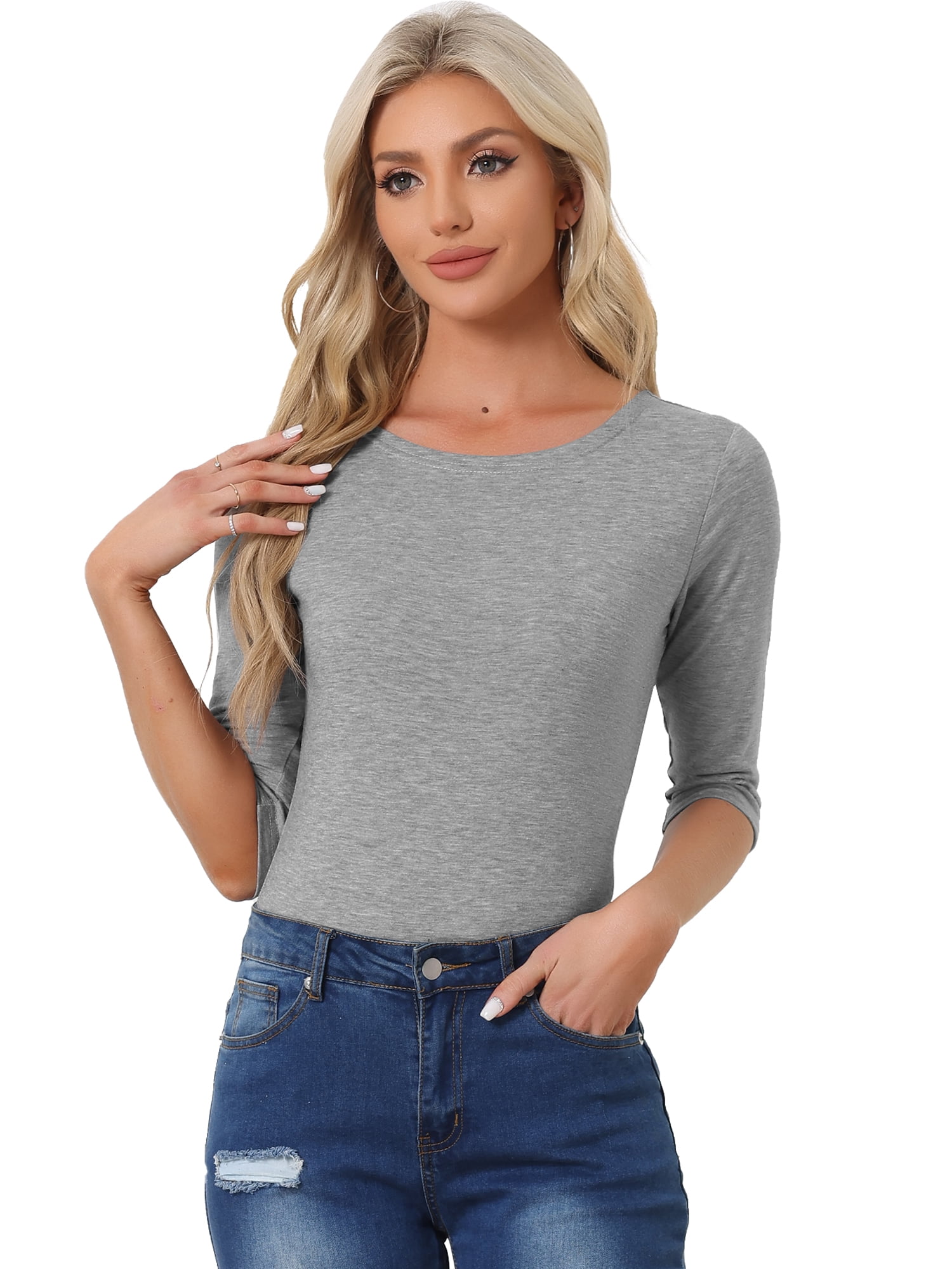 DARING DIVA Women's Elbow Sleeves Boat Neck Slim Fit Classic Tee S Light Gray