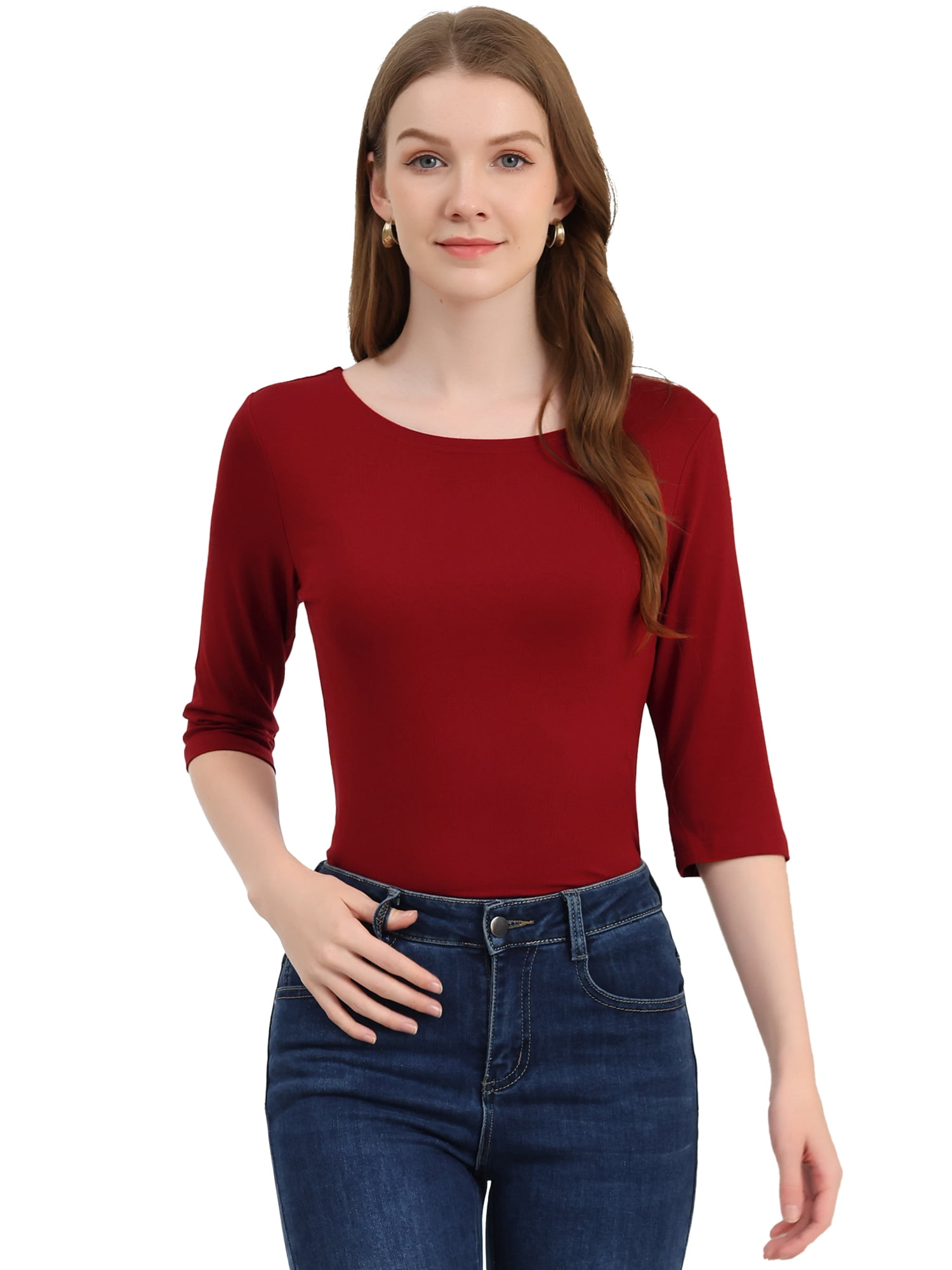 DARING DIVA Women's Elbow Sleeves Boat Neck Slim Fit Classic Tee S Wine Red