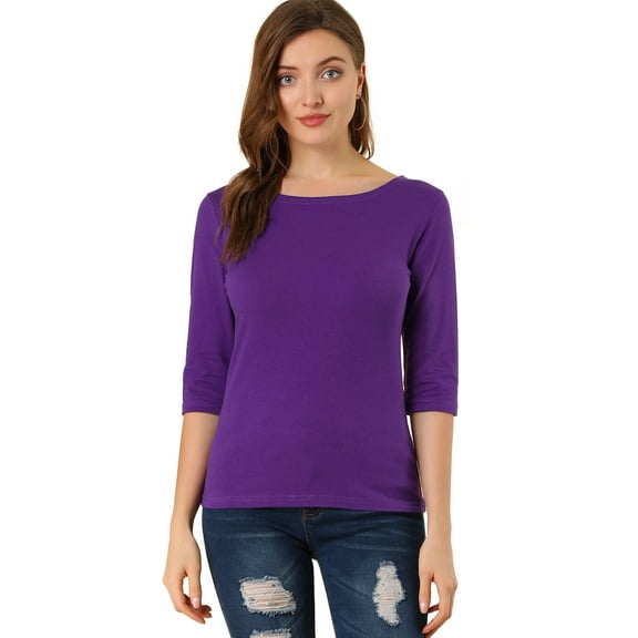 DARING DIVA Women's Elbow Sleeves Boat Neck Slim Fit Classic Tee XL Deep Purple
