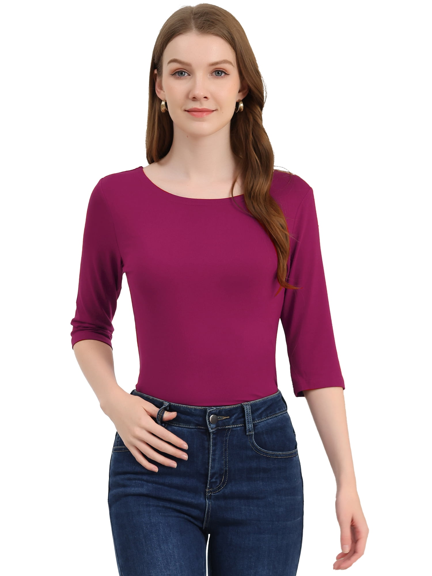 DARING DIVA Women's Elbow Sleeves Boat Neck Slim Fit Classic Tee XL Fuchsia