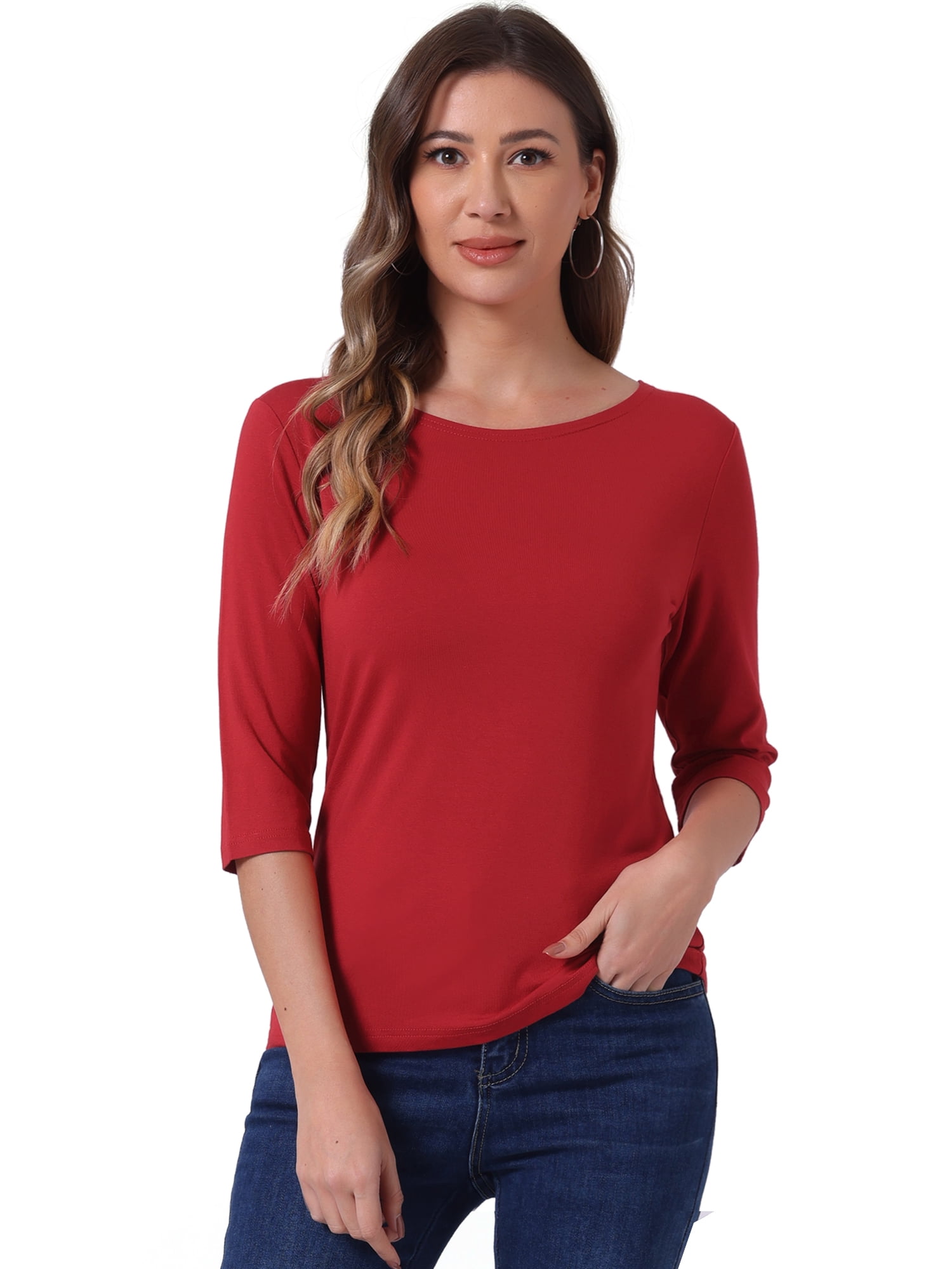 DARING DIVA Women's Elbow Sleeves Boat Neck Slim Fit Classic Tee XS Bright Red