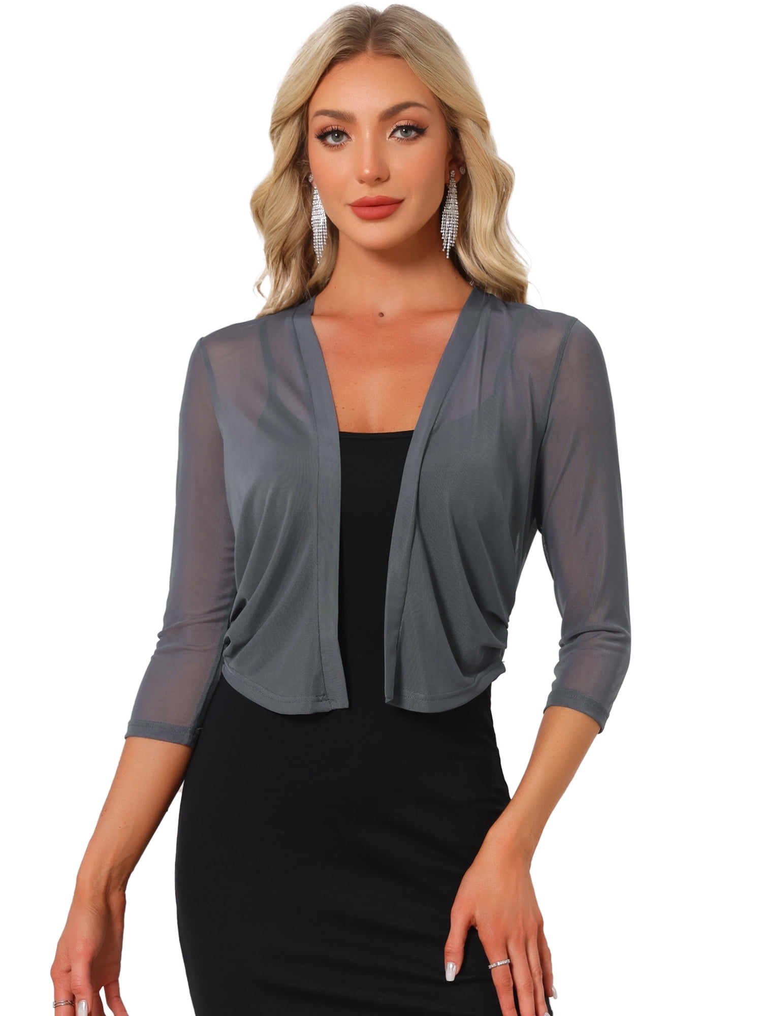 DARING DIVA Elegant Women's 3/4 Sleeve Sheer Mesh Cardigan Dresses L Gray