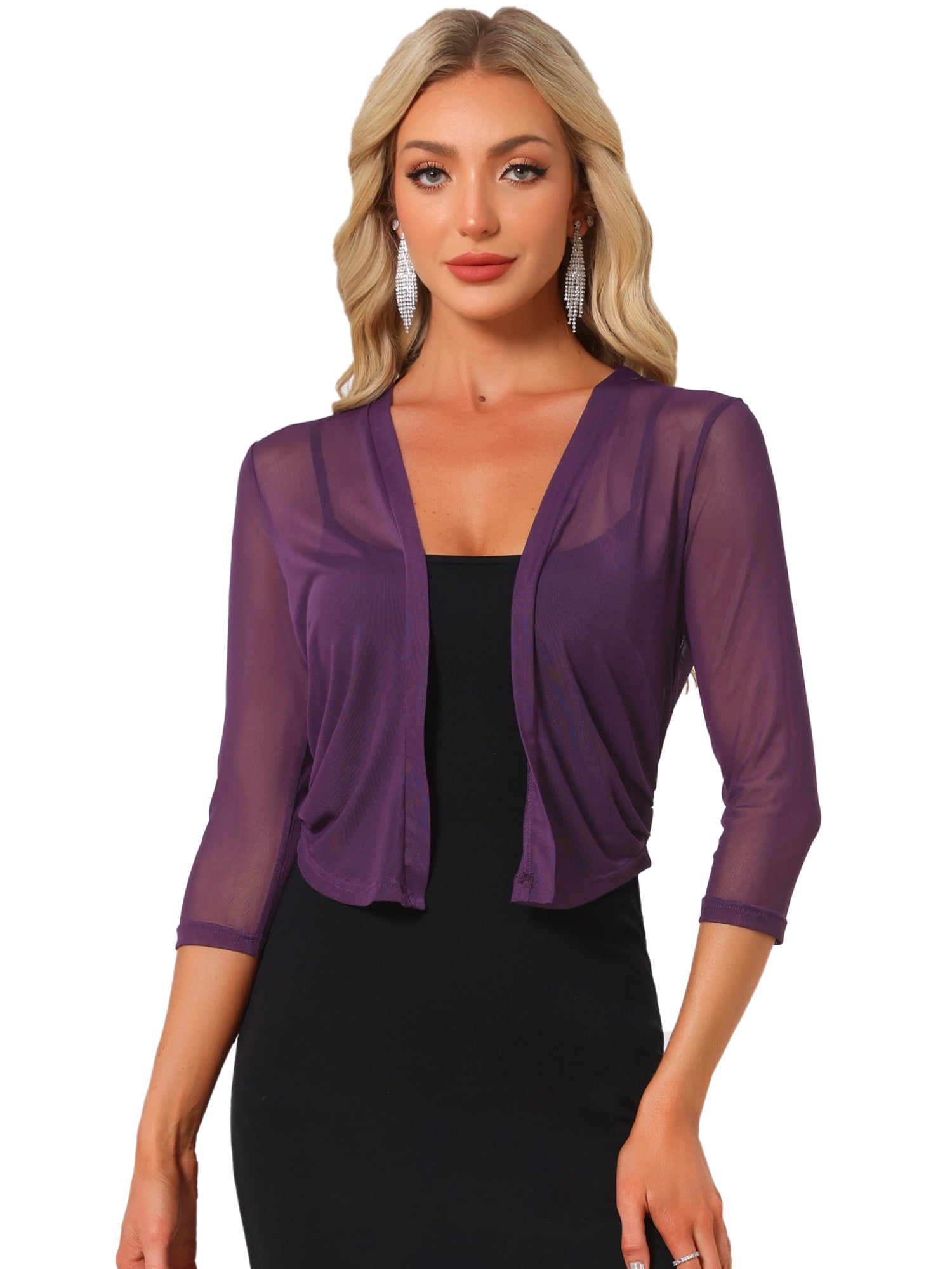 DARING DIVA Elegant Women's 3/4 Sleeve Sheer Mesh Cardigan Dresses L Dark Purple