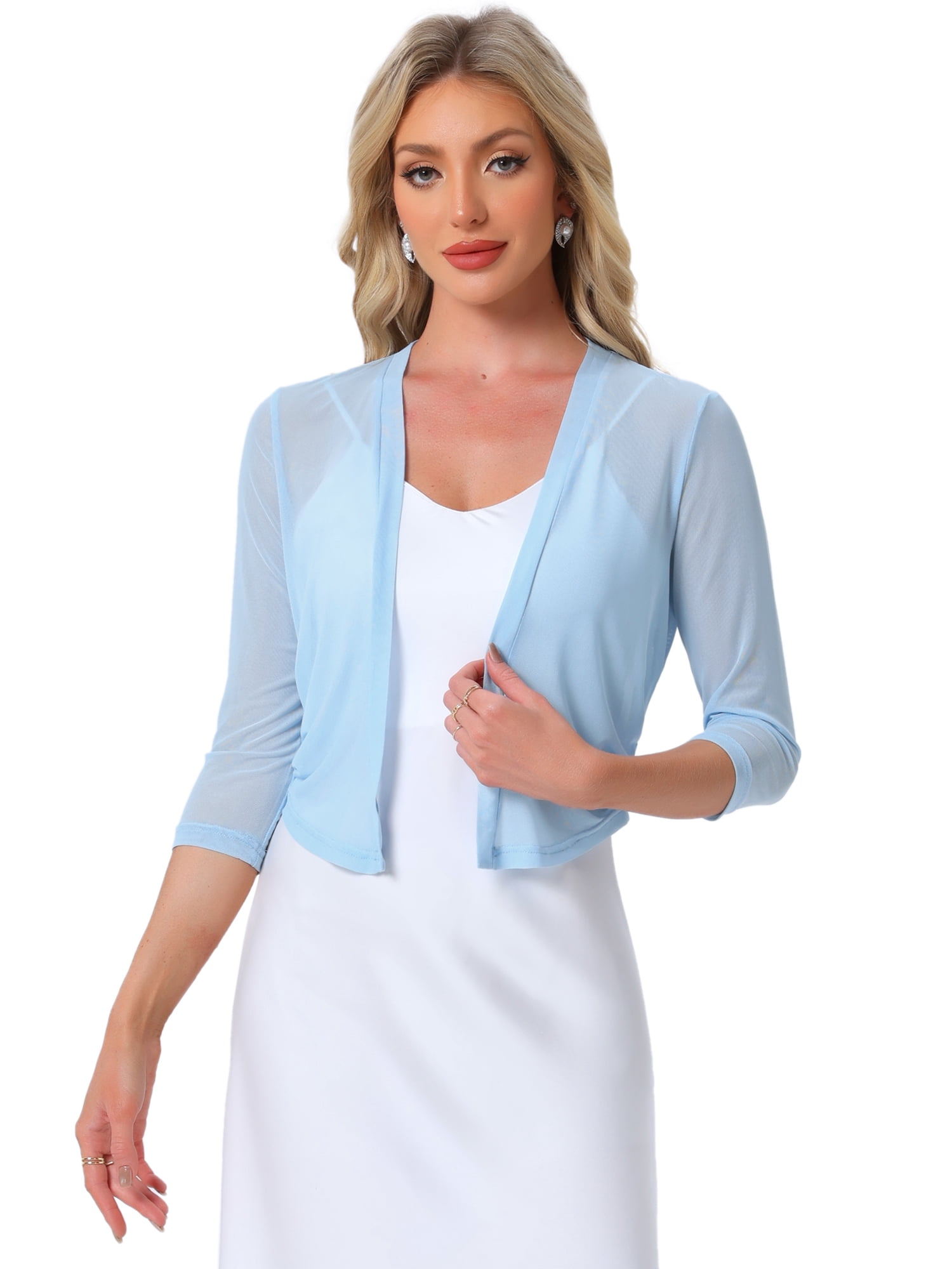 DARING DIVA Elegant Women's 3/4 Sleeve Sheer Mesh Cardigan Dresses S Light Blue