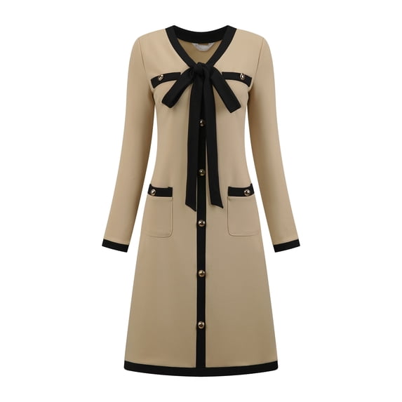 DARING DIVA Women's Elegant A-Line Contrast Color V Neck Dress L Khaki