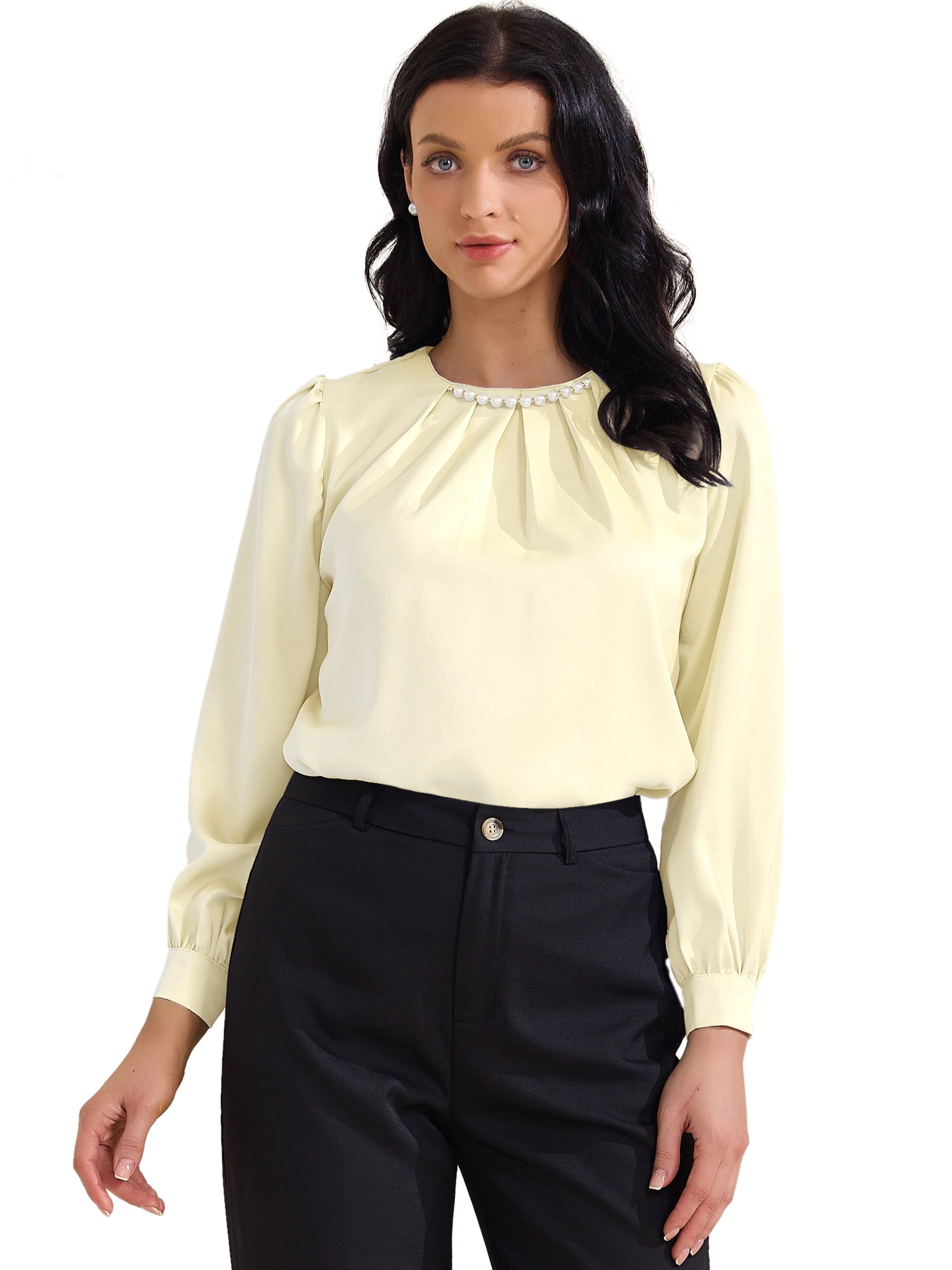 DARING DIVA Women's Elegant Blouse Pearl Decor Ruched Crew Neck Shirt Top M Beige