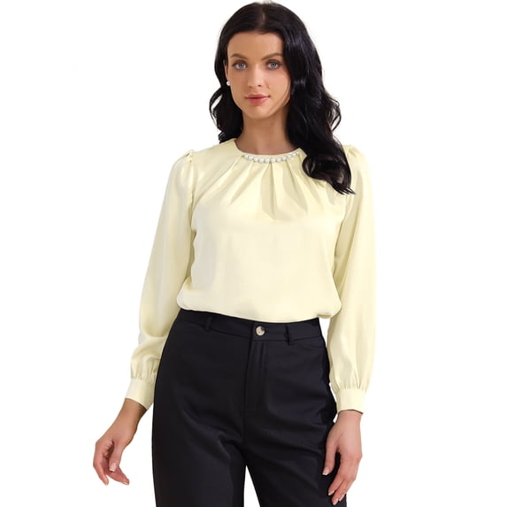 DARING DIVA Women's Elegant Blouse Pearl Decor Ruched Crew Neck Shirt Top S Beige