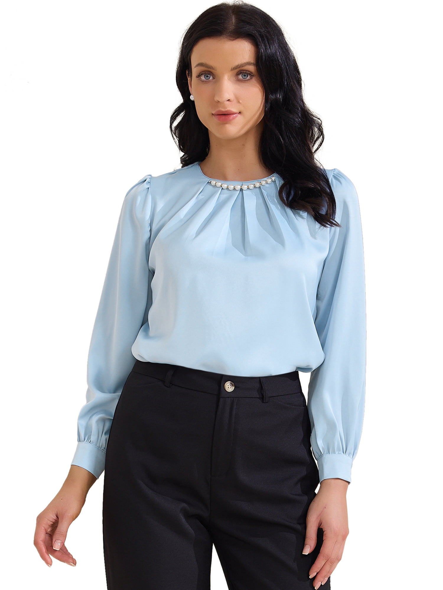 DARING DIVA Women's Elegant Blouse Pearl Decor Ruched Crew Neck Shirt Top XL Blue