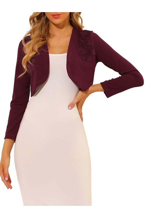 Women's Elegant Bolero Shrug Lace Insert Crop Cardigan S Burgundy
