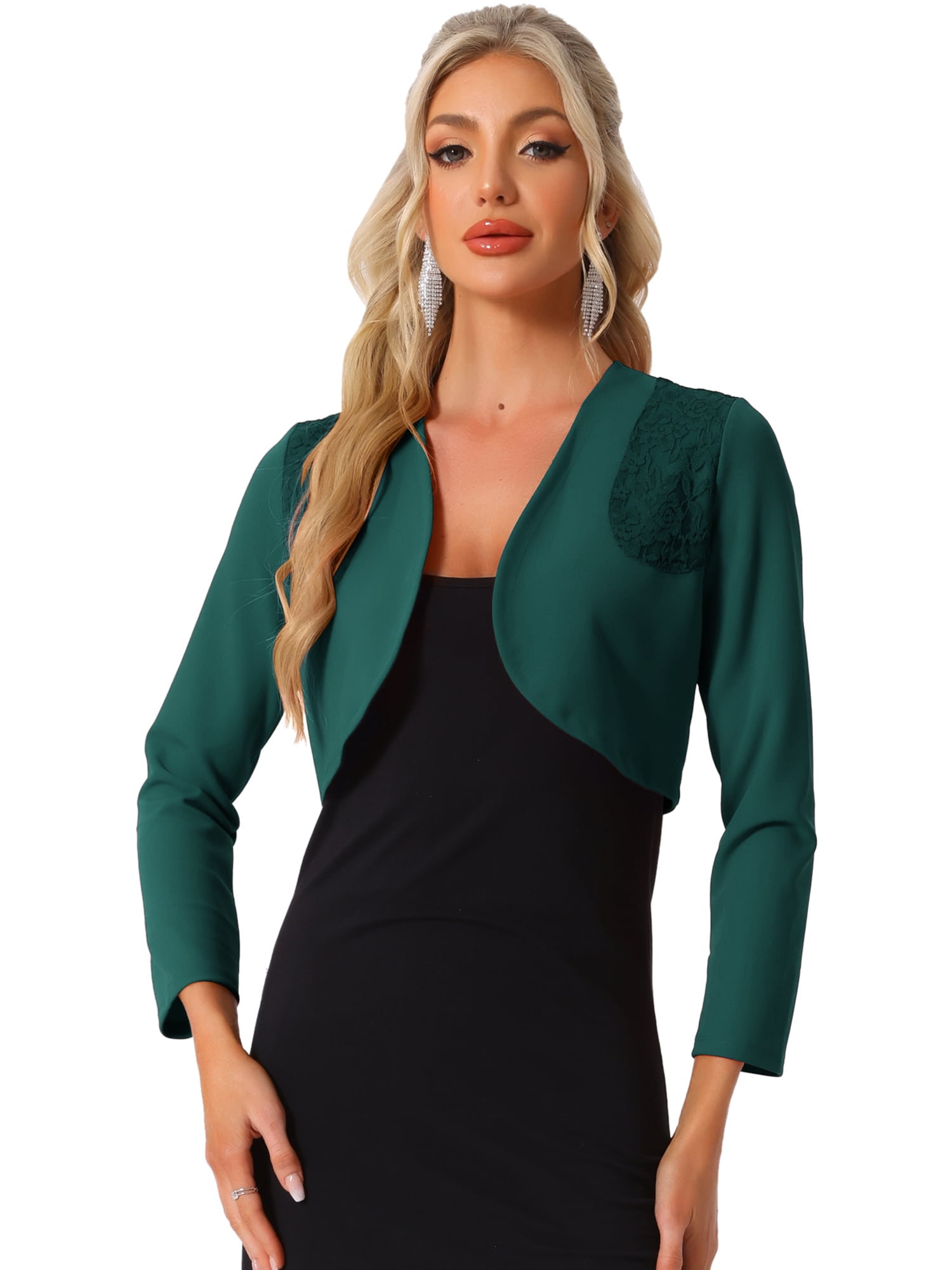 DARING DIVA Women's Elegant Bolero Shrug Lace Insert Crop Cardigan XS Dark Green