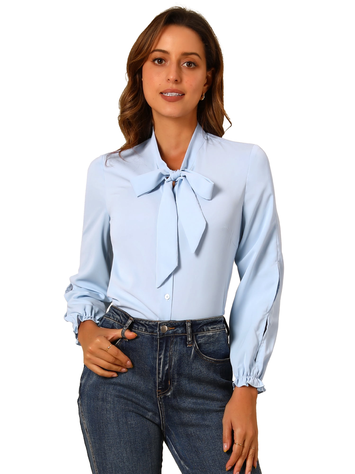 DARING DIVA Women's Elegant Bow Tie Neck Blouse Chiffon Shirt S Light Blue