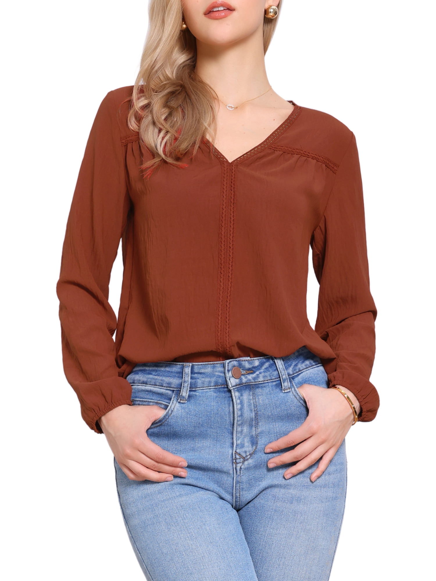 DARING DIVA Women's Elegant Casual V Neck Long Sleeve Blouse L Orange Brown
