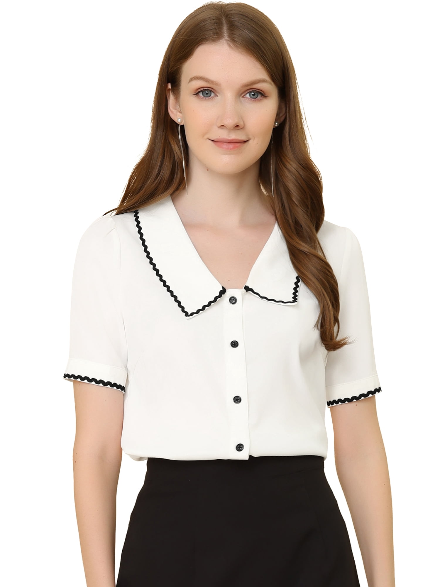 DARING DIVA Women's Elegant Chiffon Button Down Peter Pan Collar Blouse XL White