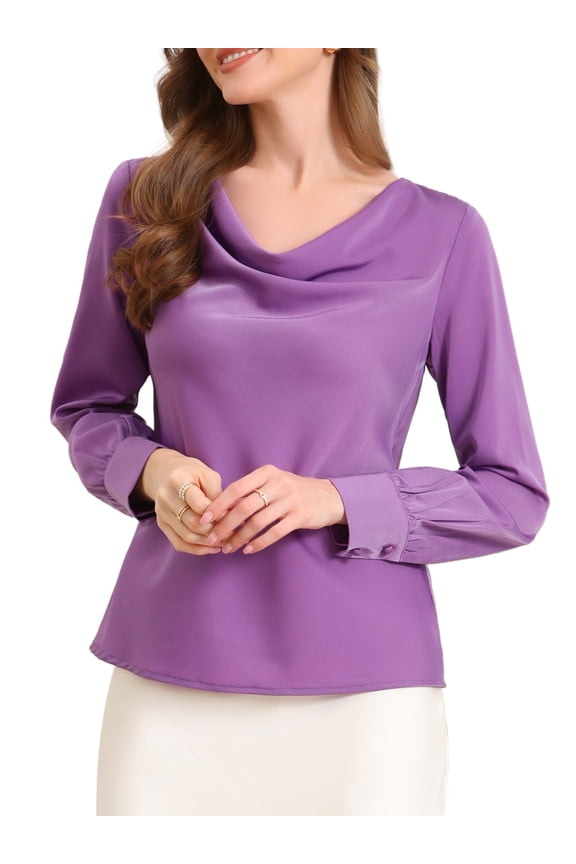 Women's Elegant Cowl Neck Office Satin Blouse XS Purple