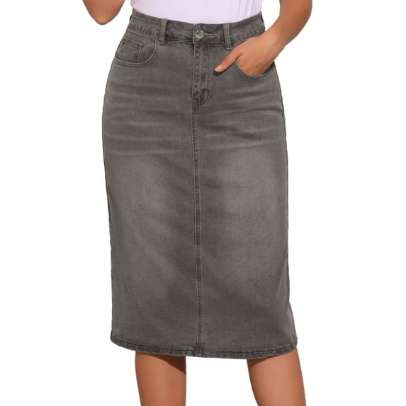 DARING DIVA Women's Denim Split Back Pockets Midi Jean Skirts S Grey
