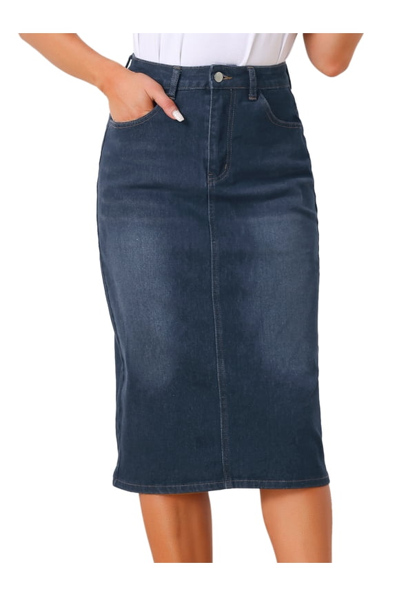 Women's Zipped and Button Denim Split Back Pockets Midi Jean Skirts XL Black Blue