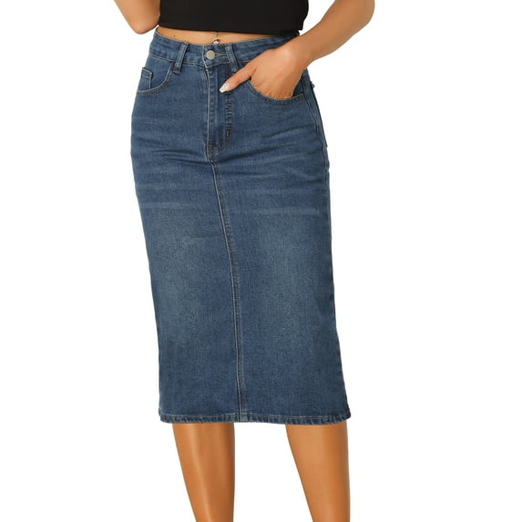 DARING DIVA Women's Denim Split Back Pockets Midi Jean Skirts XS Blue