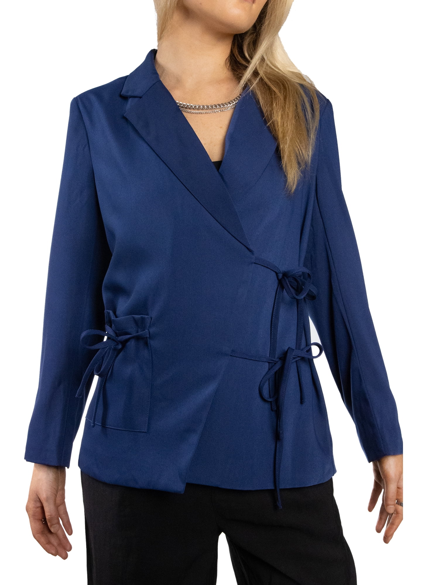 DARING DIVA Women's Elegant Double Tie Wrap Blazer S Navy Blue