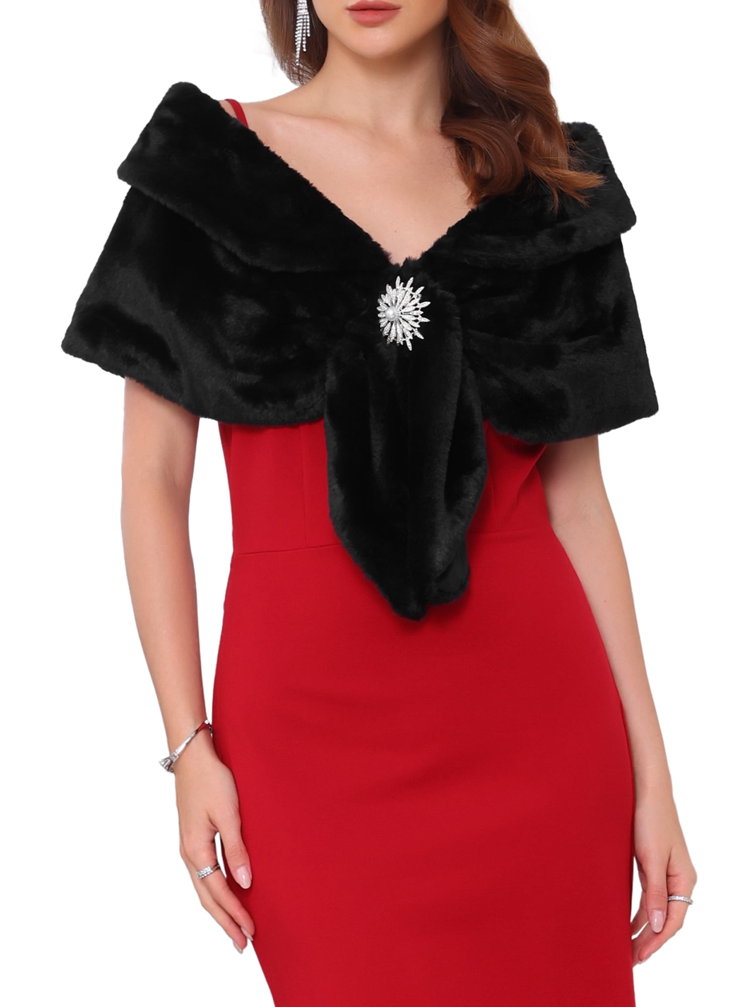 DARING DIVA Women's Elegant Faux Fur Shawl Wrap Cape M Black