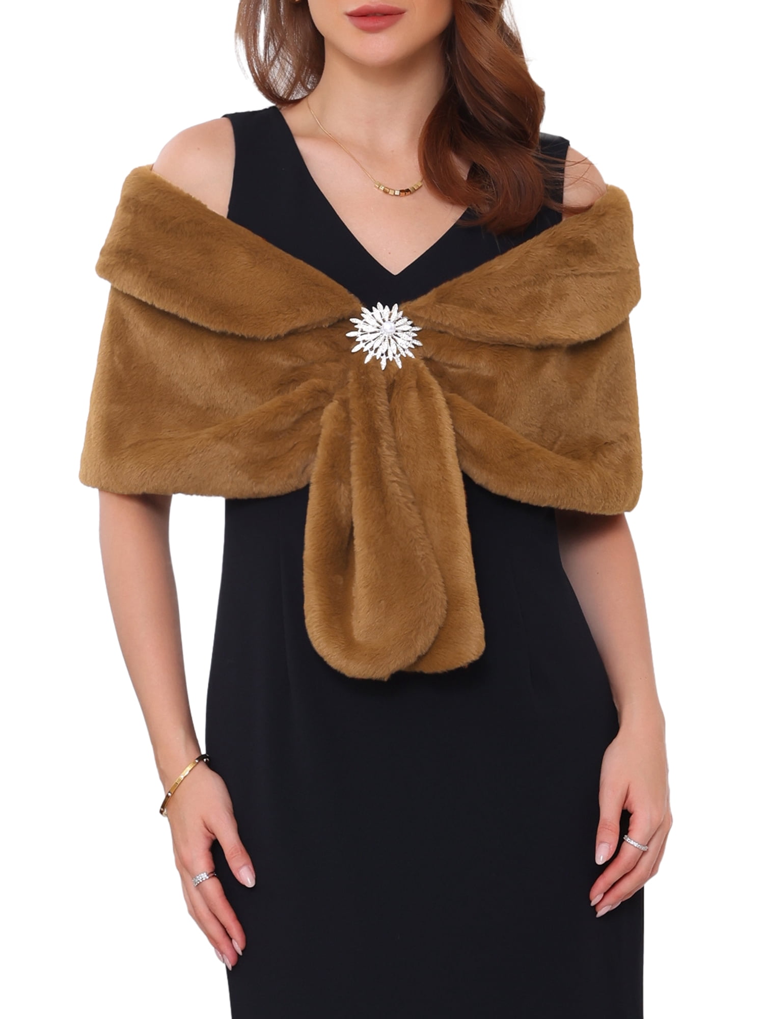 DARING DIVA Women's Elegant Faux Fur Shawl Wrap Cape XL Brown