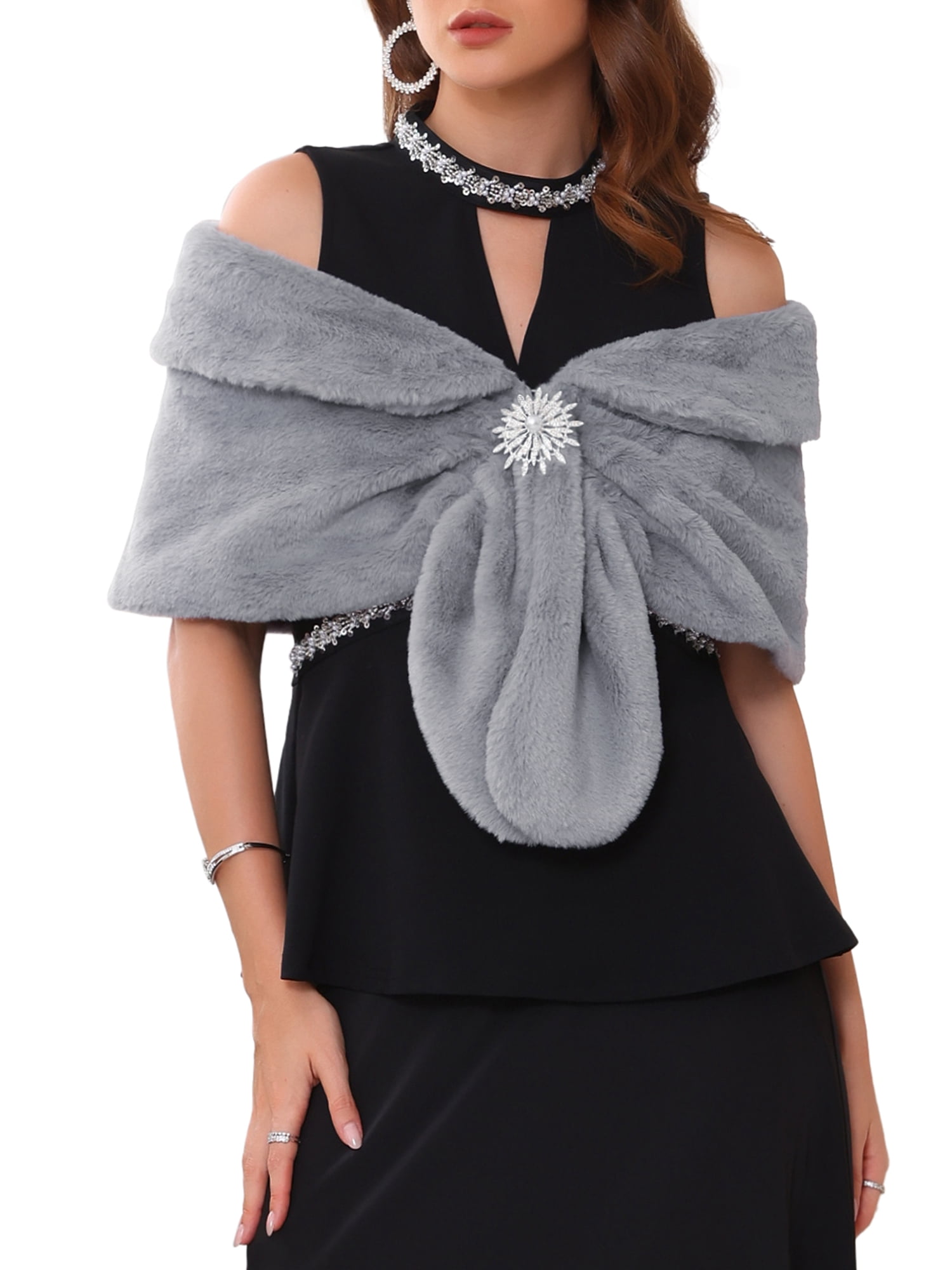 DARING DIVA Women's Elegant Faux Fur Shawl Wrap Cape XL Grey
