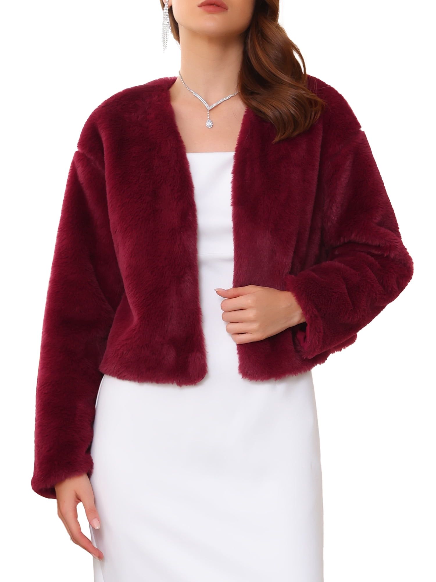 DARING DIVA Women's Elegant Faux Fur Shrug Formal Jacket S Burgundy
