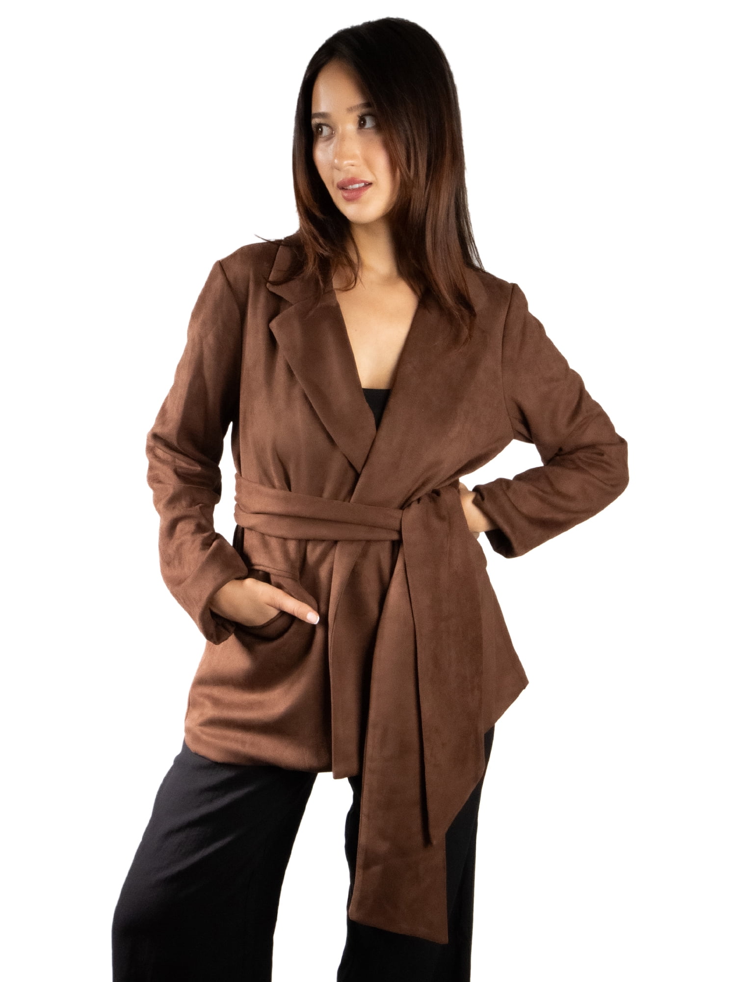DARING DIVA Women's Elegant Faux Suede Wrap Belt Stylish Design Blazer XL Brown