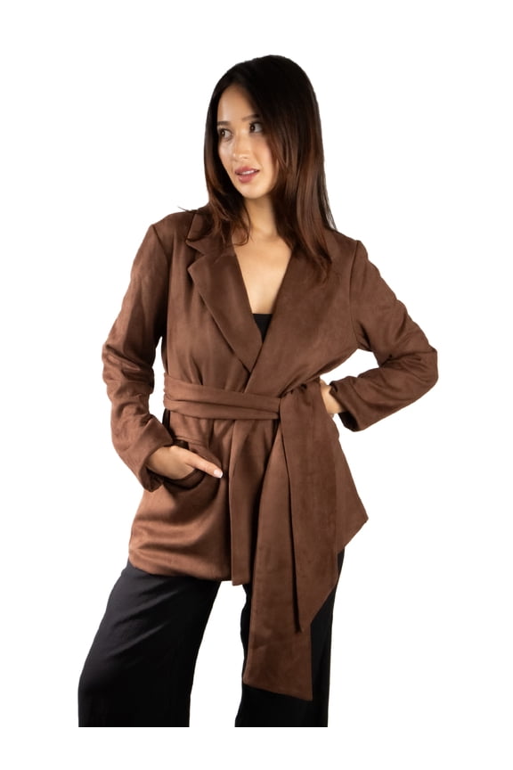 Women's Elegant Faux Suede Wrap Belt Stylish Design Blazer XL Brown