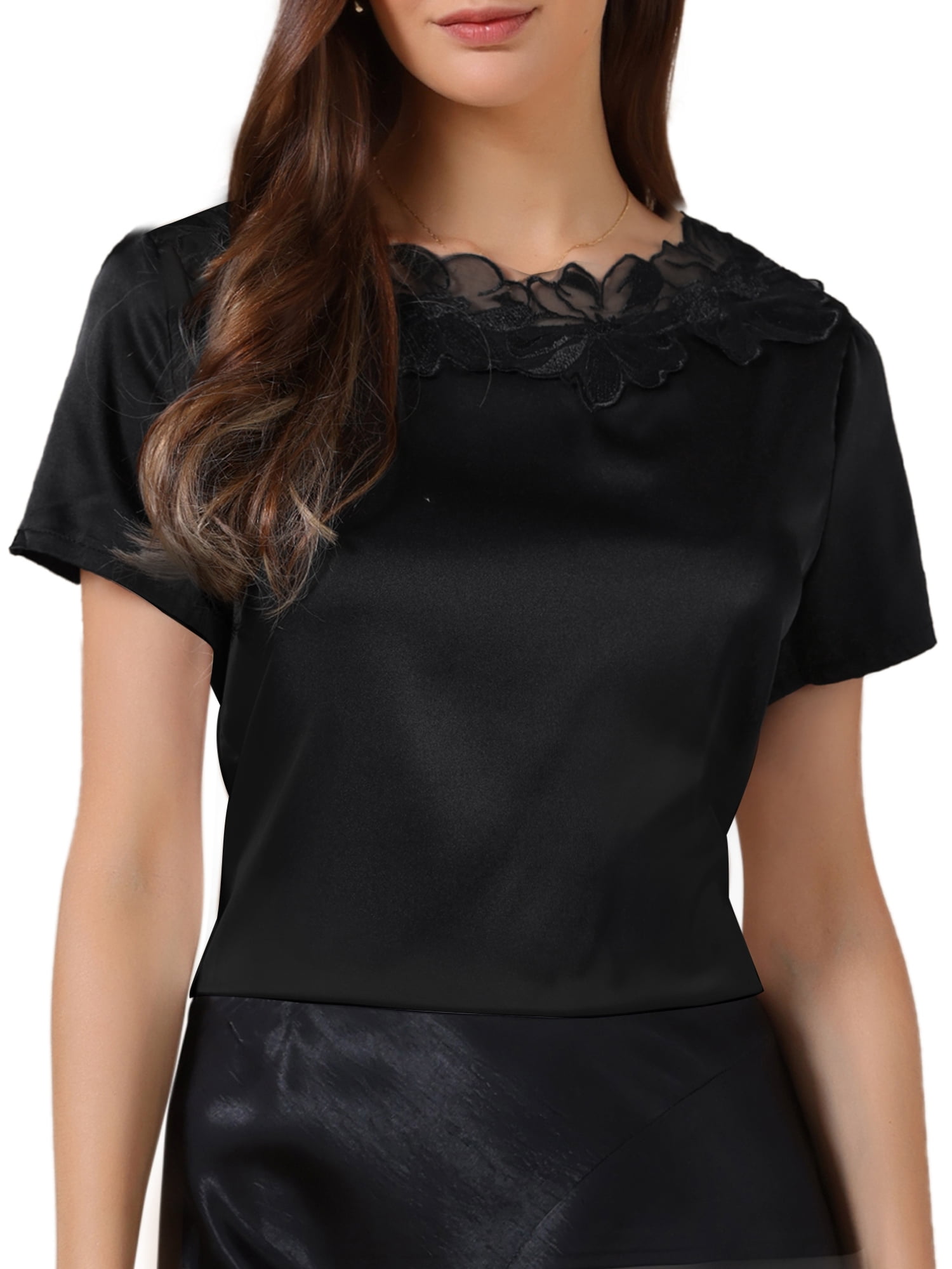 DARING DIVA Women's Elegant Floral Lace Blouse Short Sleeve Casual Work Shirt S Black