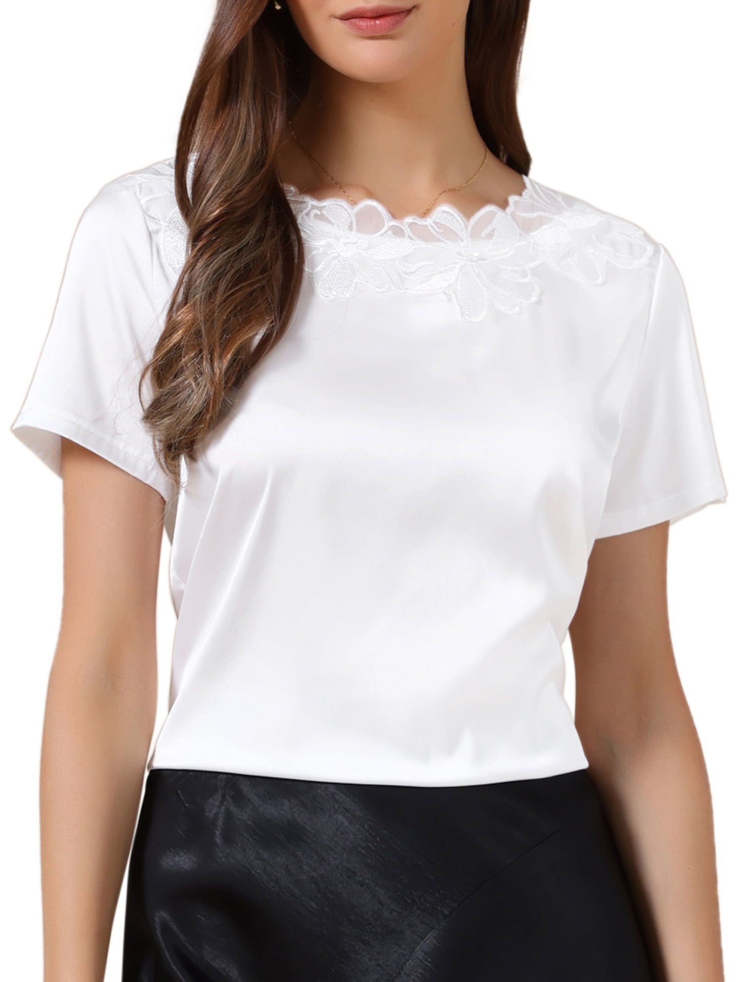 DARING DIVA Women's Elegant Floral Lace Blouse Short Sleeve Casual Work Shirt S White