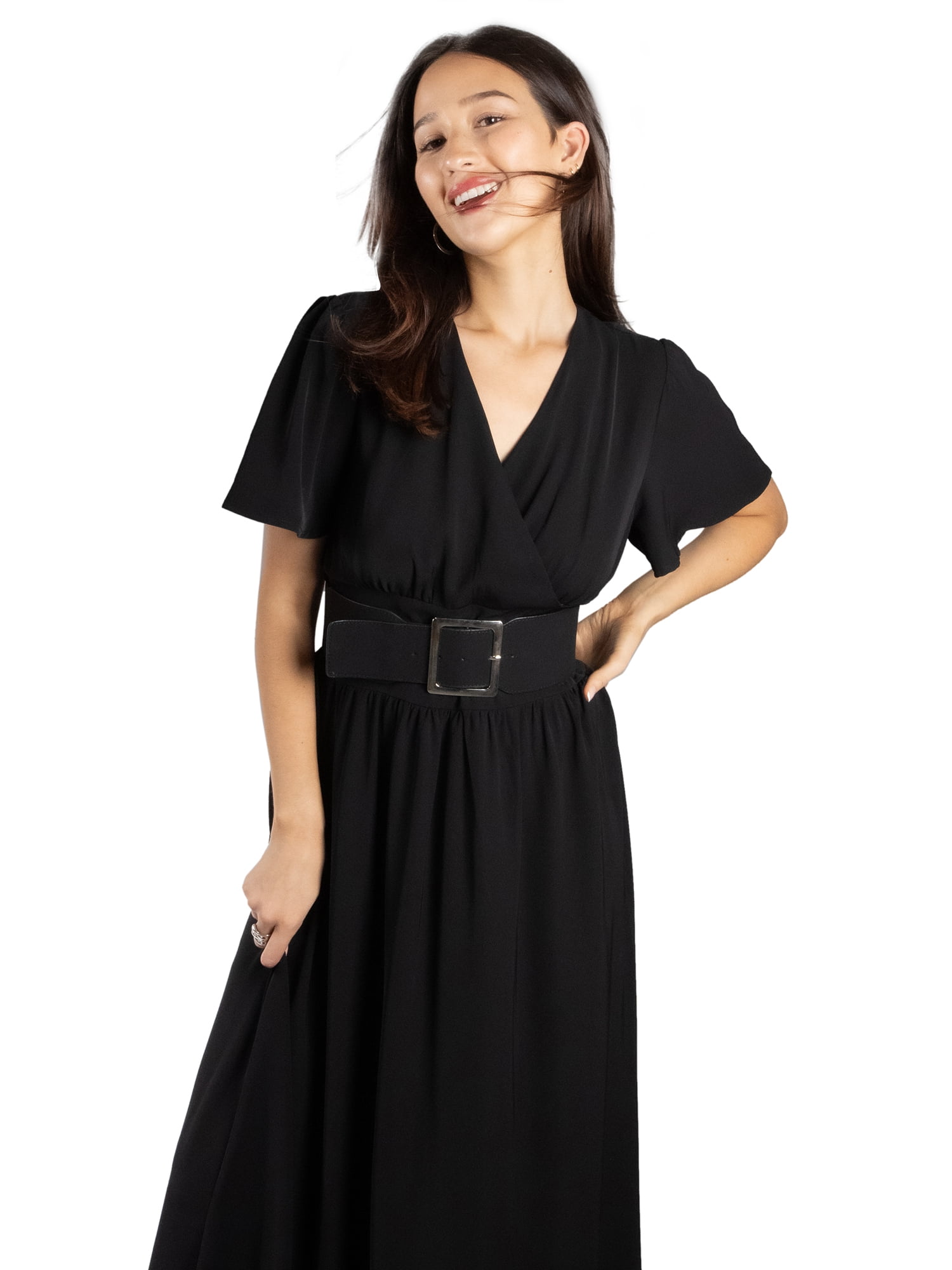 DARING DIVA Women's Elegant Flutter Sleeve Midi Dress S Black