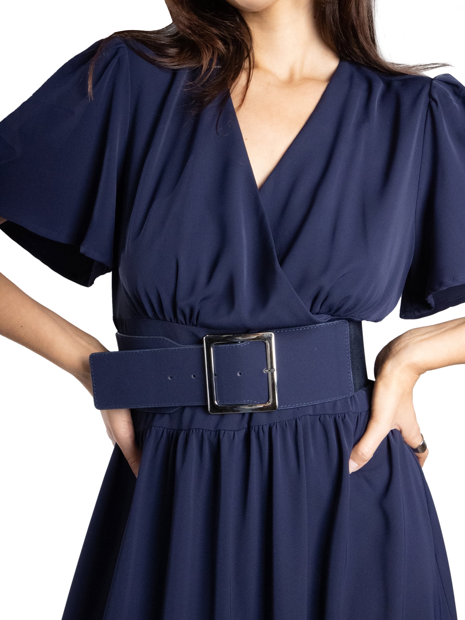 DARING DIVA Women's Elegant Flutter Sleeve Midi Dress S Navy