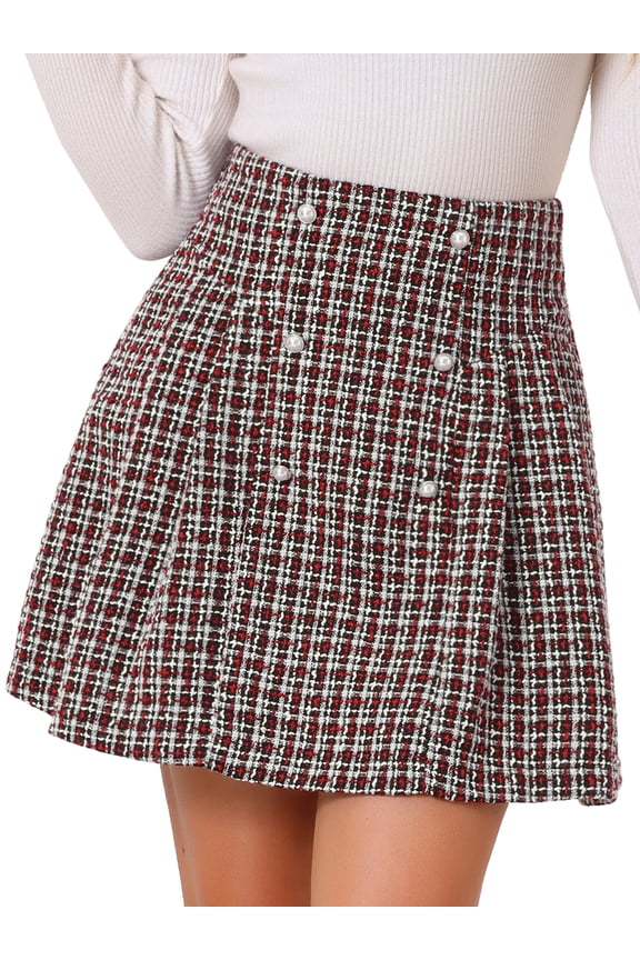 Women's Elegant High Waist Button Decor A-Line Skirts S Black Red