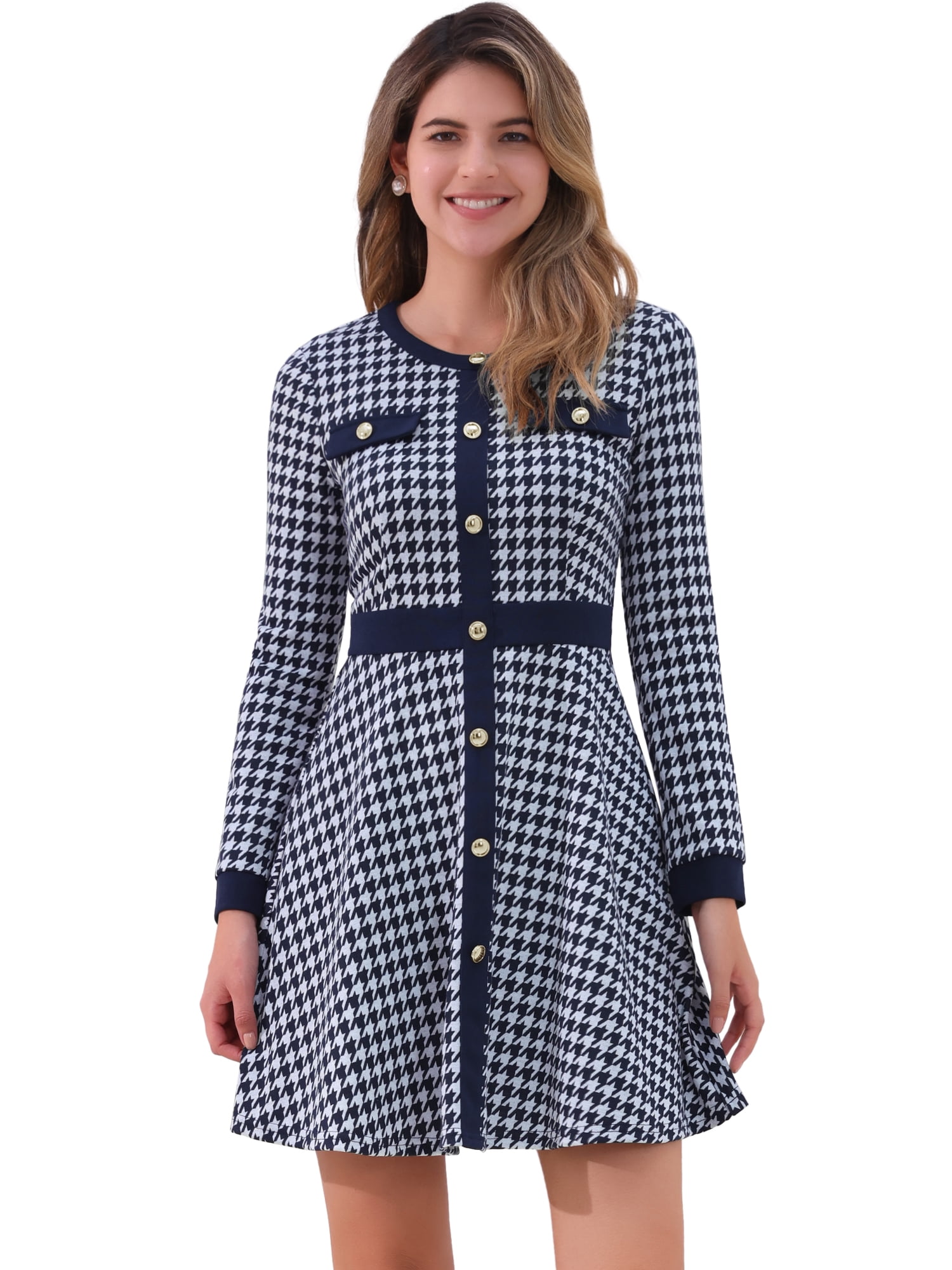 DARING DIVA Women's Elegant Houndstooth Round Neck A Line Plaid Dresses M Dark Blue