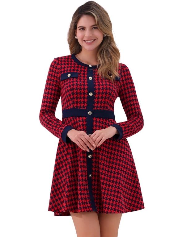 Women's Elegant Houndstooth Round Neck A Line Plaid Dresses S Red