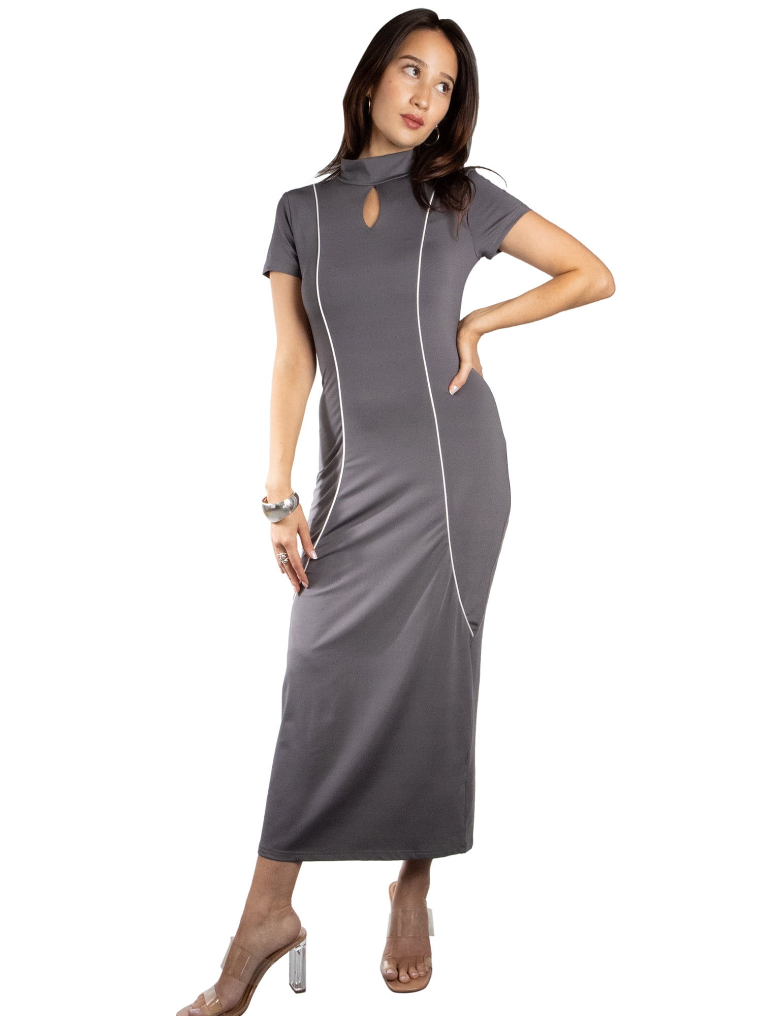 DARING DIVA Women's Elegant Keyhole Bodycon Maxi Dress L Dary Grey