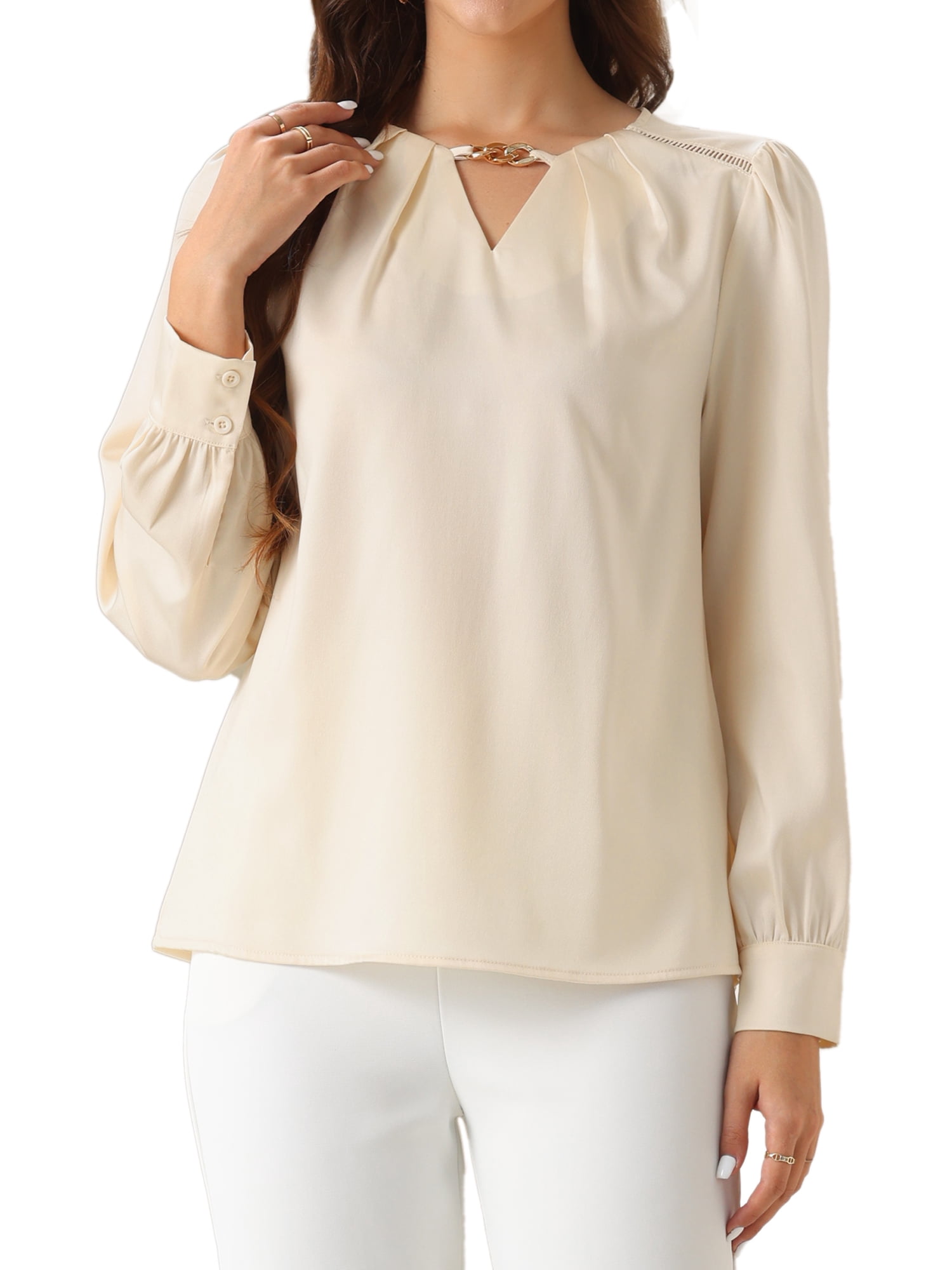 DARING DIVA Women's  Elegant Keyhole Neck Long Sleeves Top L Champagne