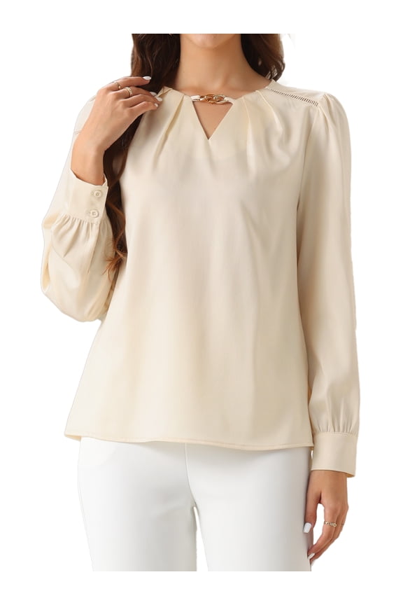Women's  Elegant Keyhole Neck Long Sleeves Top L Champagne