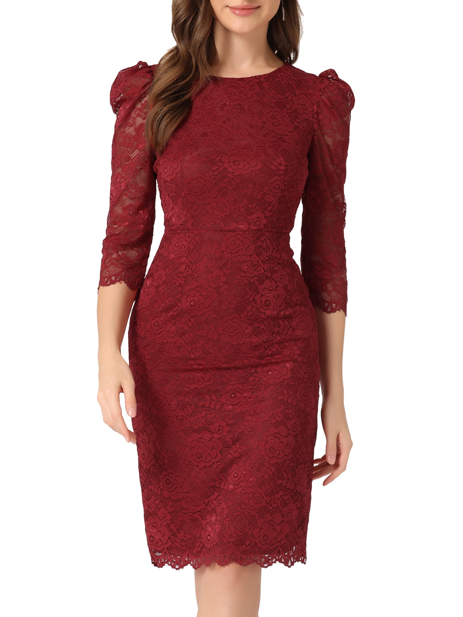 DARING DIVA Women's Elegant Lace 3/4 Sleeves Cocktail Dress M Burgundy
