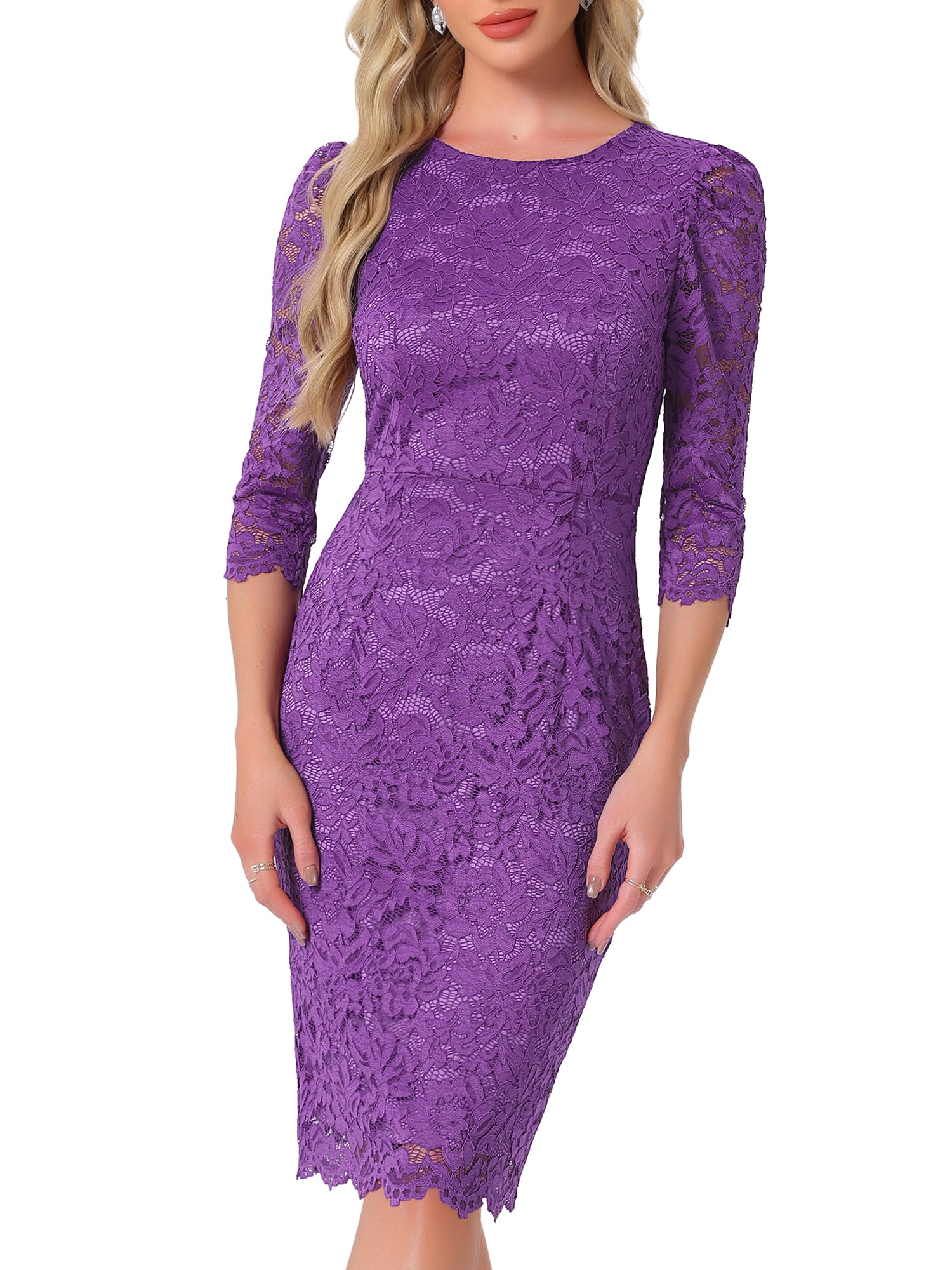DARING DIVA Women's Elegant Lace 3/4 Sleeves Cocktail Dress S Purple