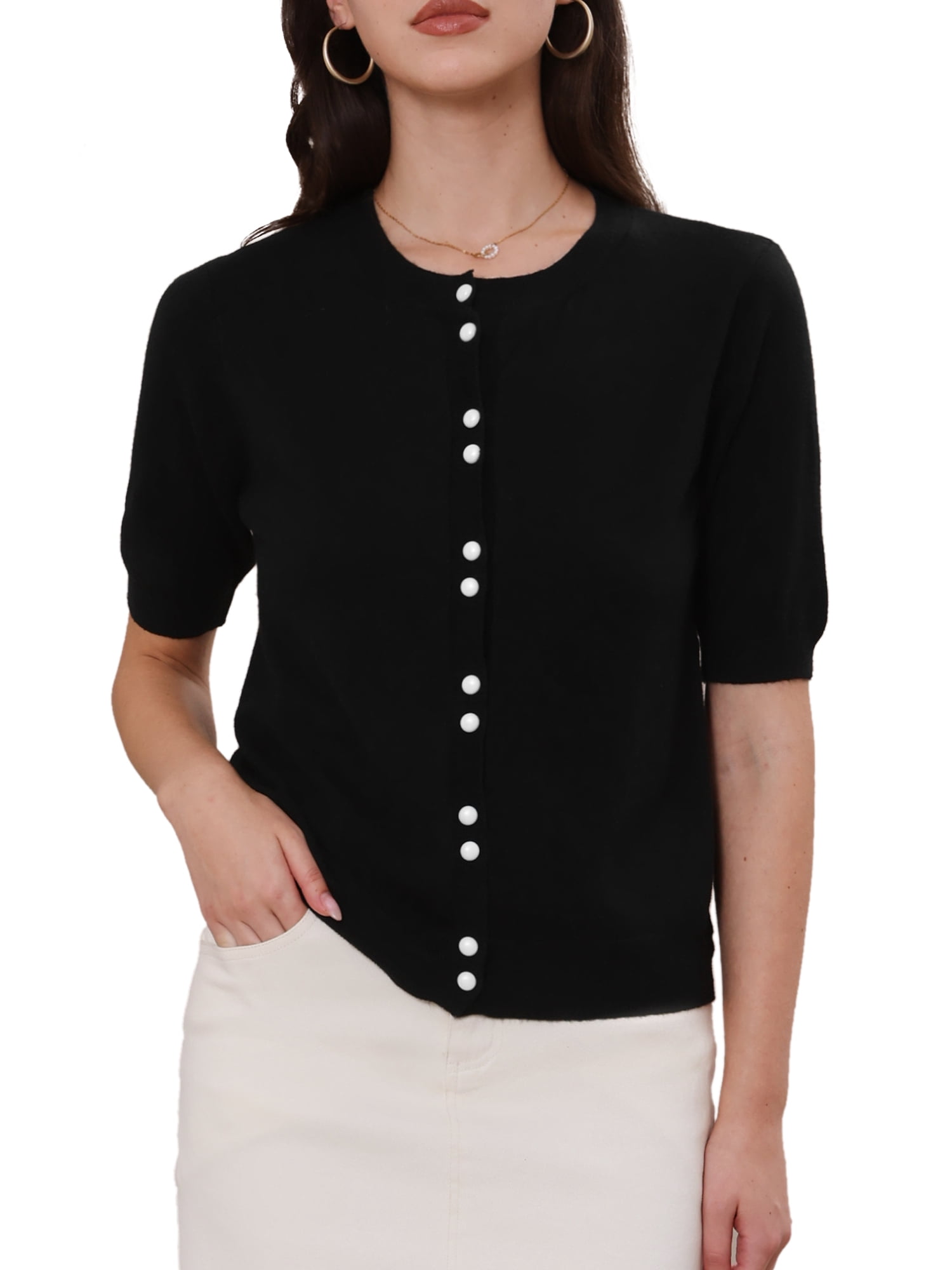 DARING DIVA Women's Elegant Lightweight Button Down Cardigan Sweater L Black