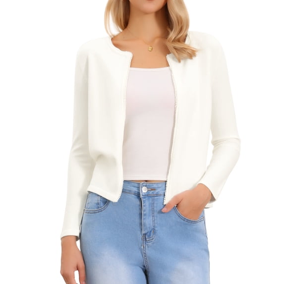 DARING DIVA Women's Elegant Long Sleeve Pearls Trim Open Front Bolero Shrug XS White