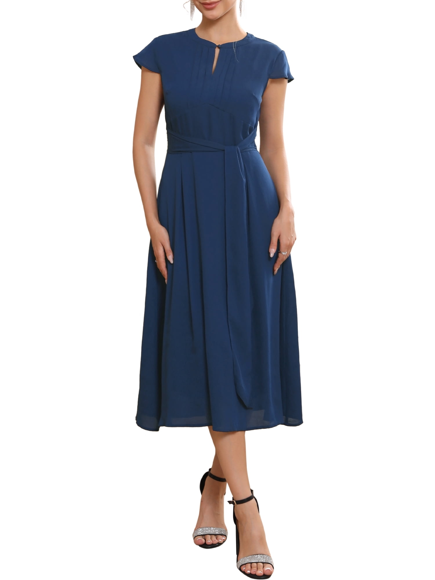 DARING DIVA Women's Elegant Midi Length Cap Sleeve Dress with Tie Waist M Dark Blue