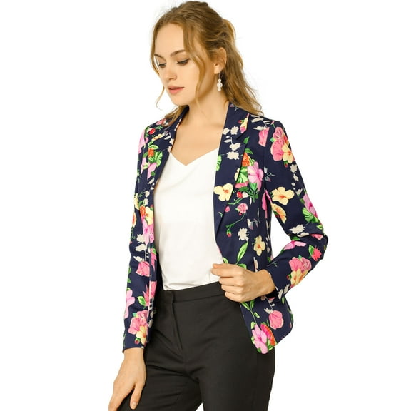 DARING DIVA Women's Elegant Notched Lapel Floral Print Blazer 2XL Navy Blue-Floral