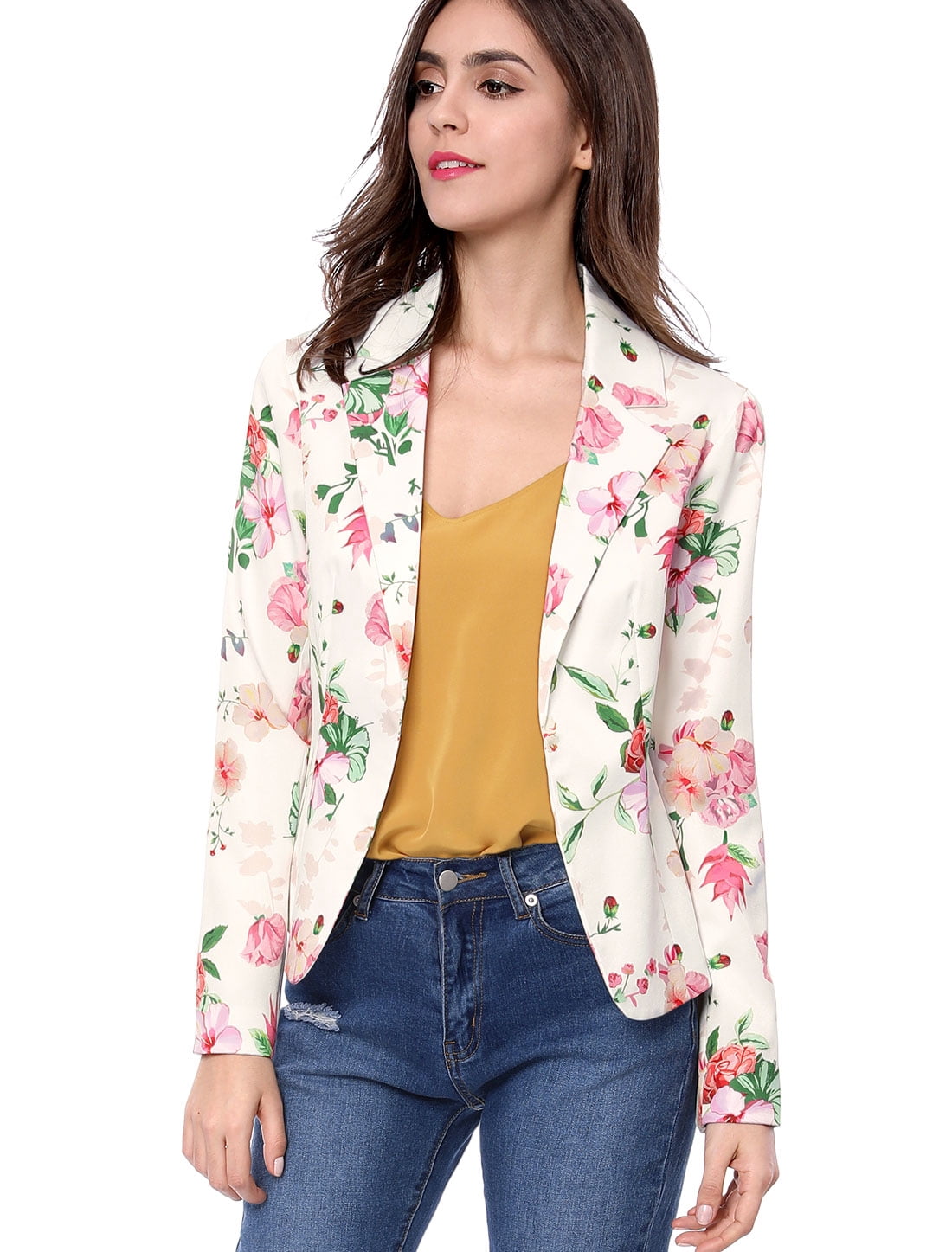 DARING DIVA Women's Elegant Notched Lapel Floral Print Blazer 2XL White-Floral