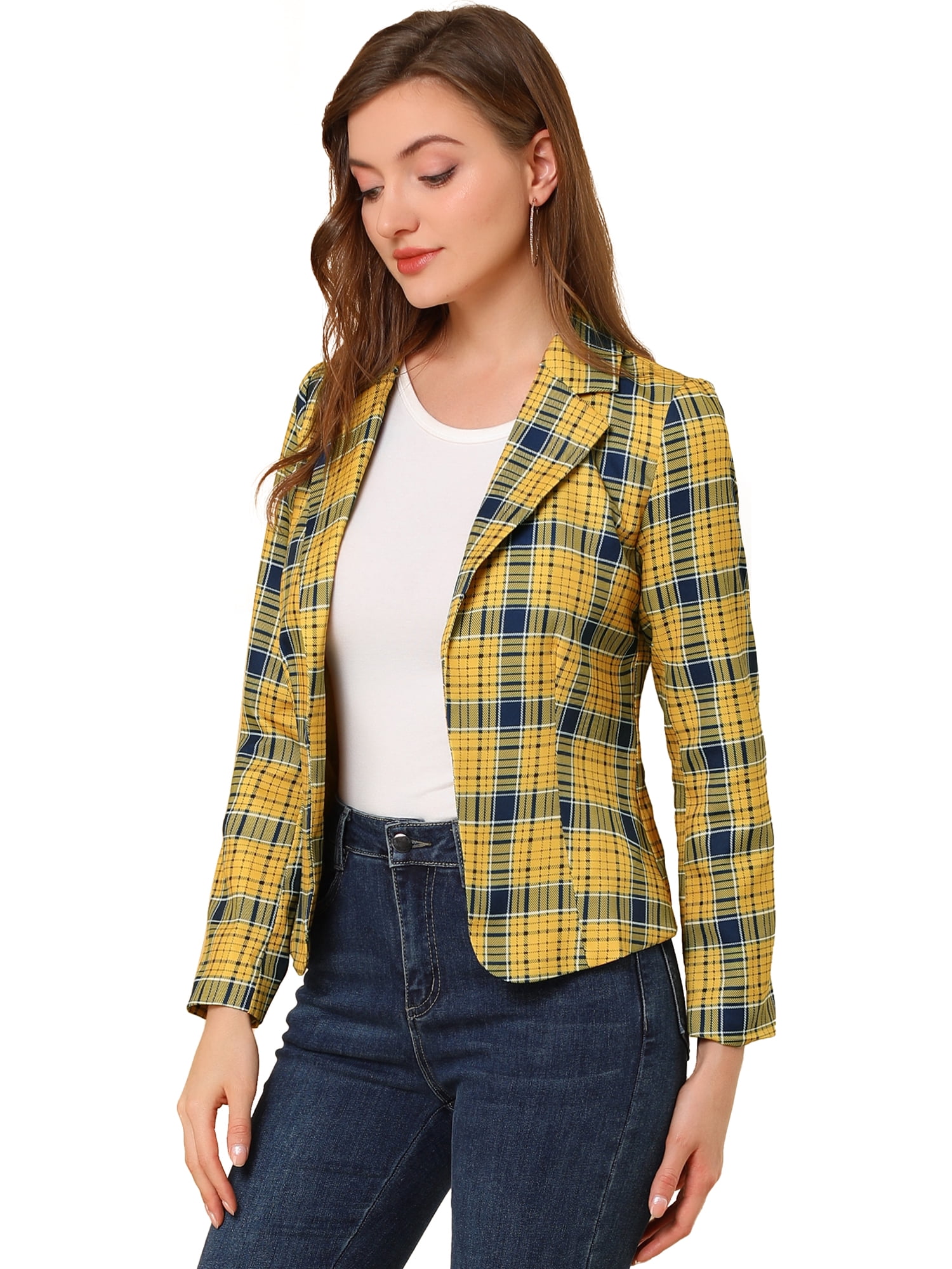 DARING DIVA Women's Elegant Notched Lapel Floral Print Blazer 2XL Yellow-Plaid