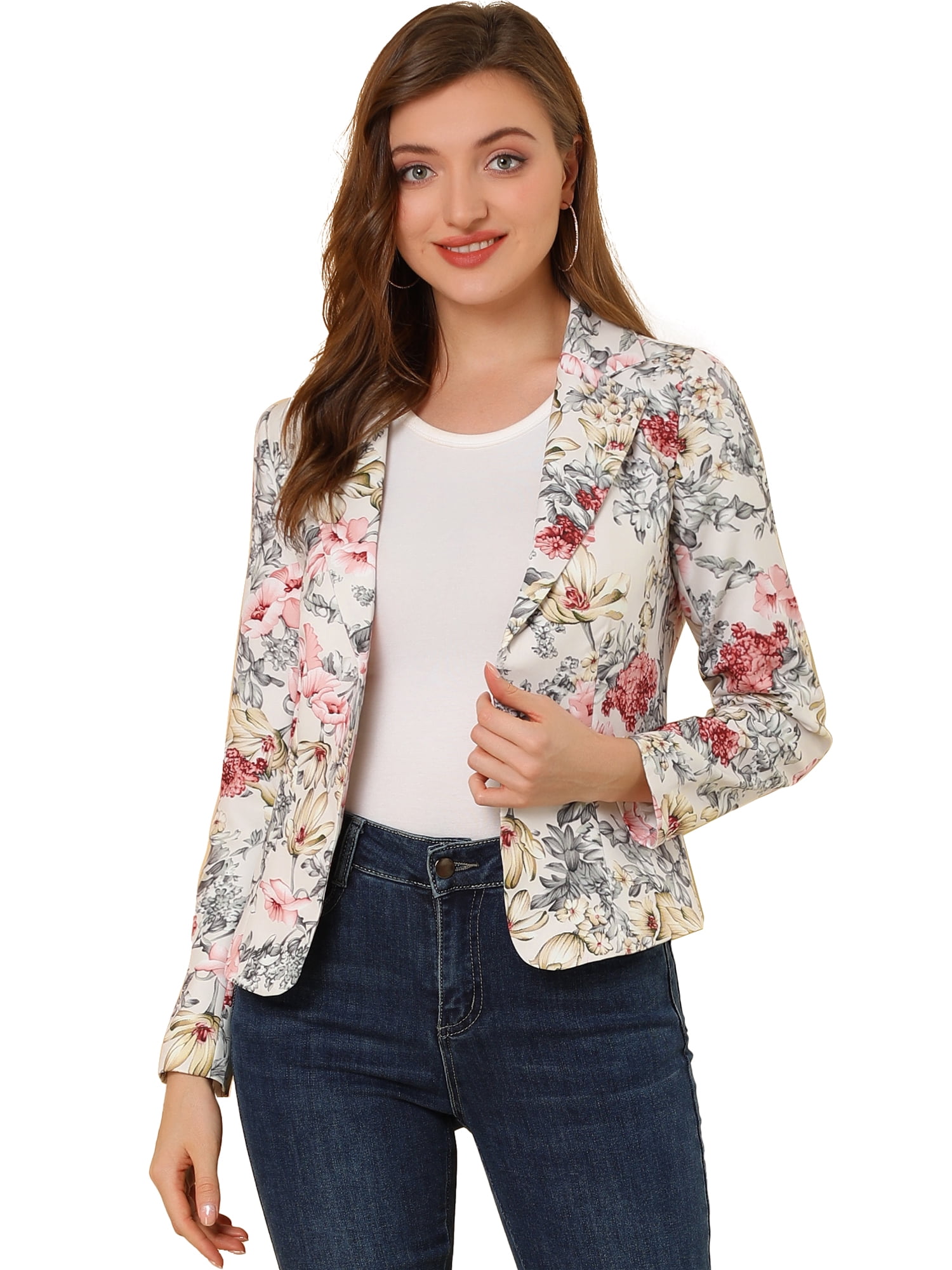 DARING DIVA Women's Elegant Notched Lapel Floral Print Blazer 3XL Beige-Floral