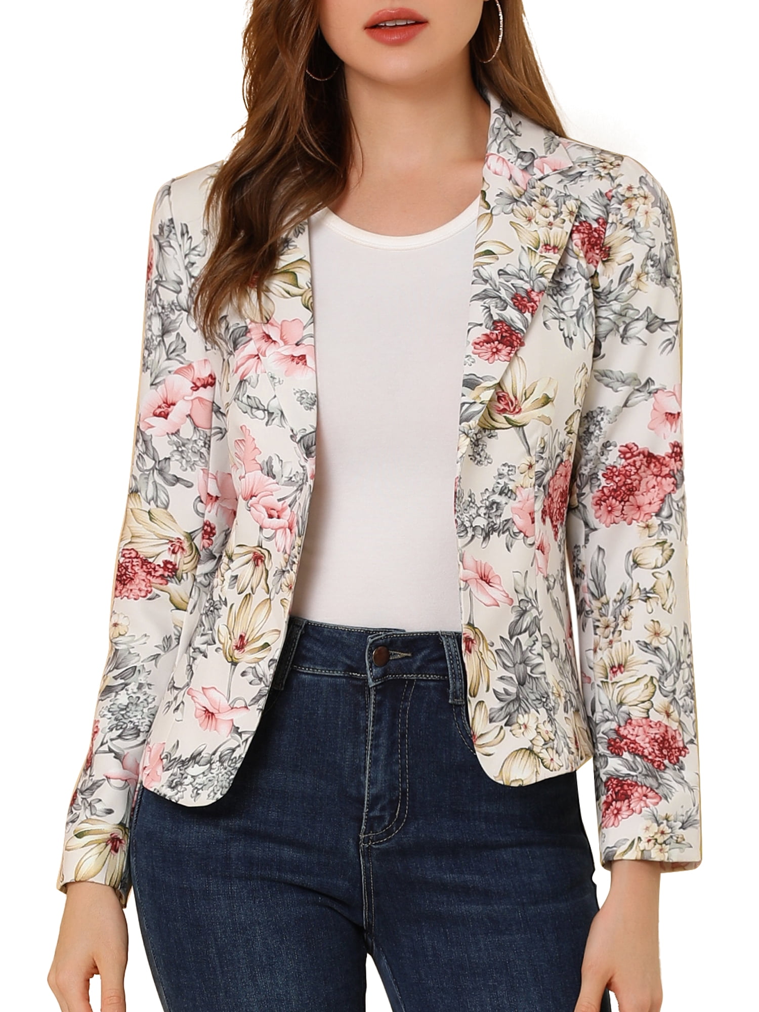 DARING DIVA Women's Elegant Notched Lapel Floral Print Blazer L Beige-Floral