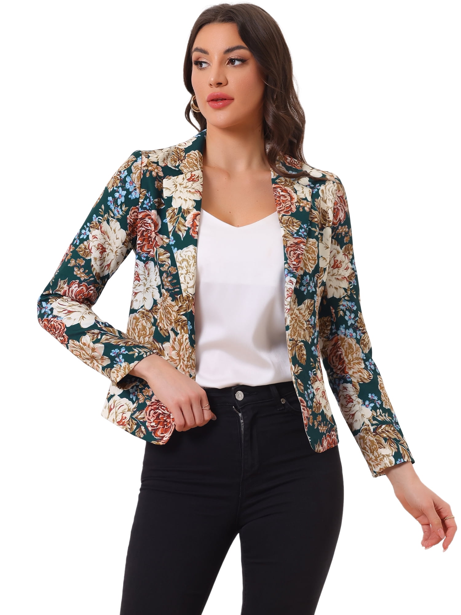 DARING DIVA Women's Elegant Notched Lapel Floral Print Blazer L Dark Green-Floral